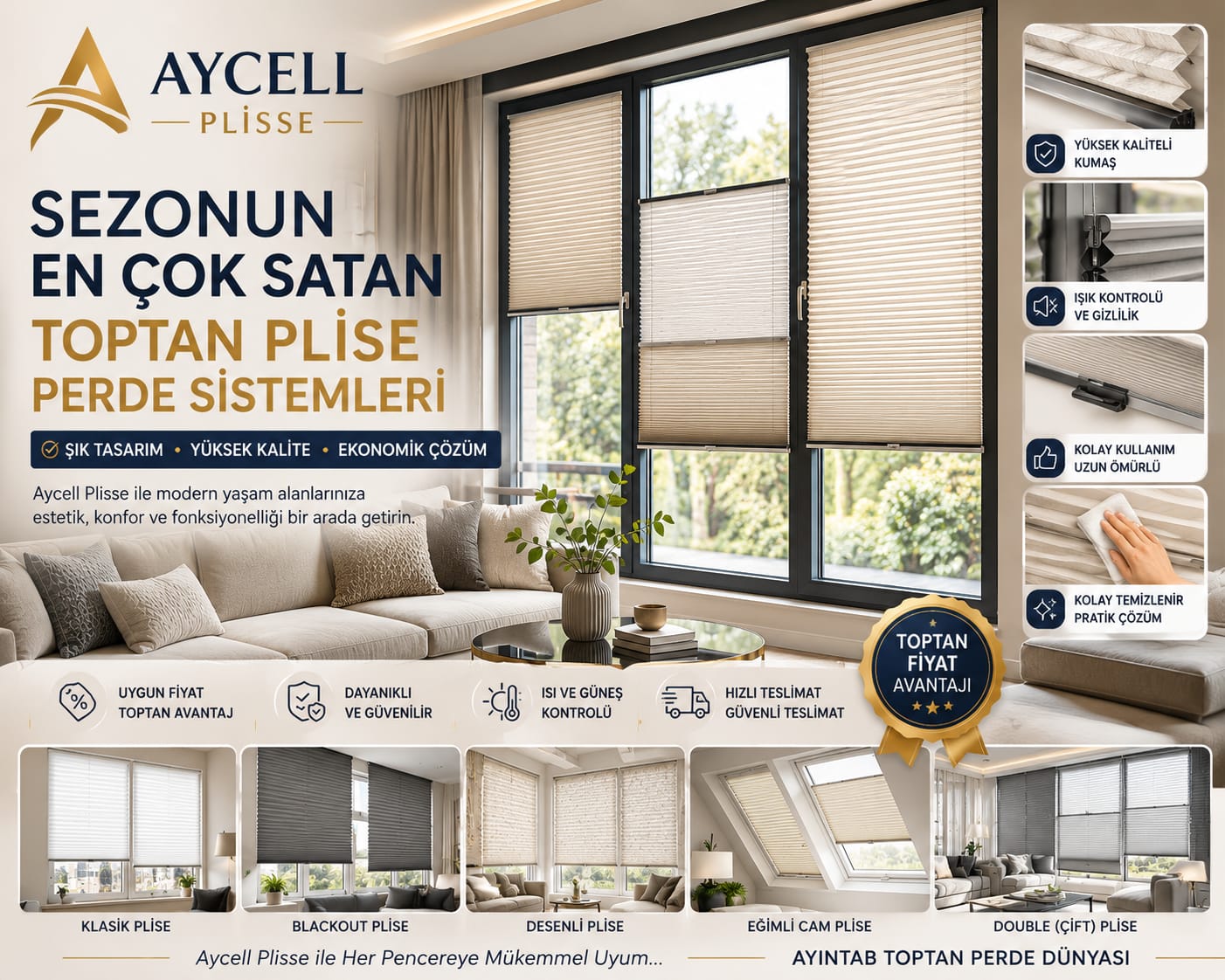 Sezonun En Çok Satan Toptan Plise Perde Sistemleri Aycell Plisse